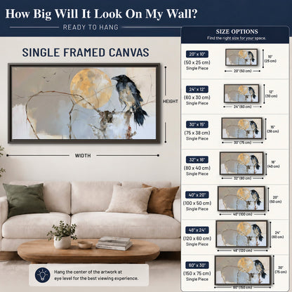 A dark raven beside a golden moon amid pale blue and cream painterly strokes single framed canvas wall art size guide above a sofa; room view is illustrative