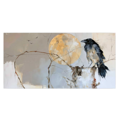 A dark raven beside a golden moon amid pale blue and cream painterly strokes single poster print viewed straight on