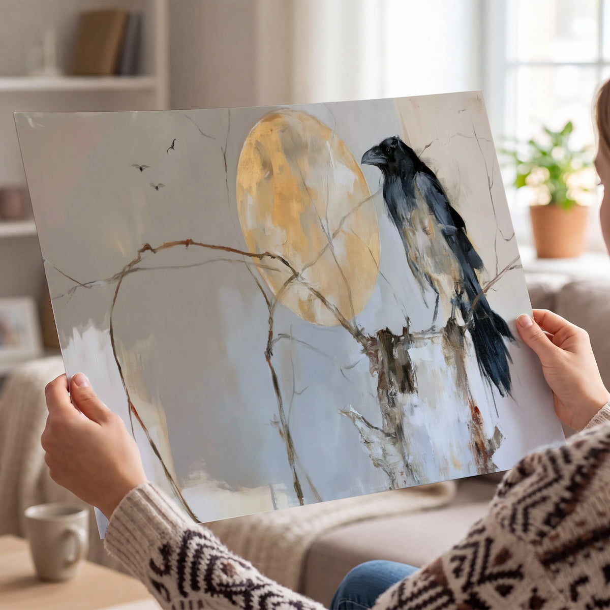 A dark raven beside a golden moon amid pale blue and cream painterly strokes single poster print held in hands