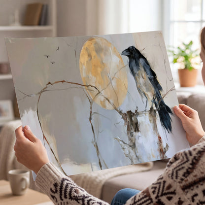 A dark raven beside a golden moon amid pale blue and cream painterly strokes single poster print held in hands