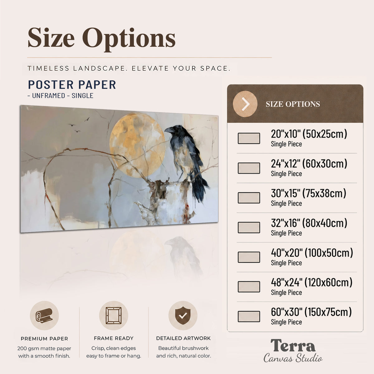 A dark raven beside a golden moon amid pale blue and cream painterly strokes single poster print available dimensions