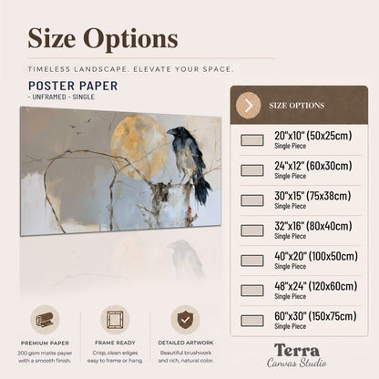 A dark raven beside a golden moon amid pale blue and cream painterly strokes single poster print available dimensions