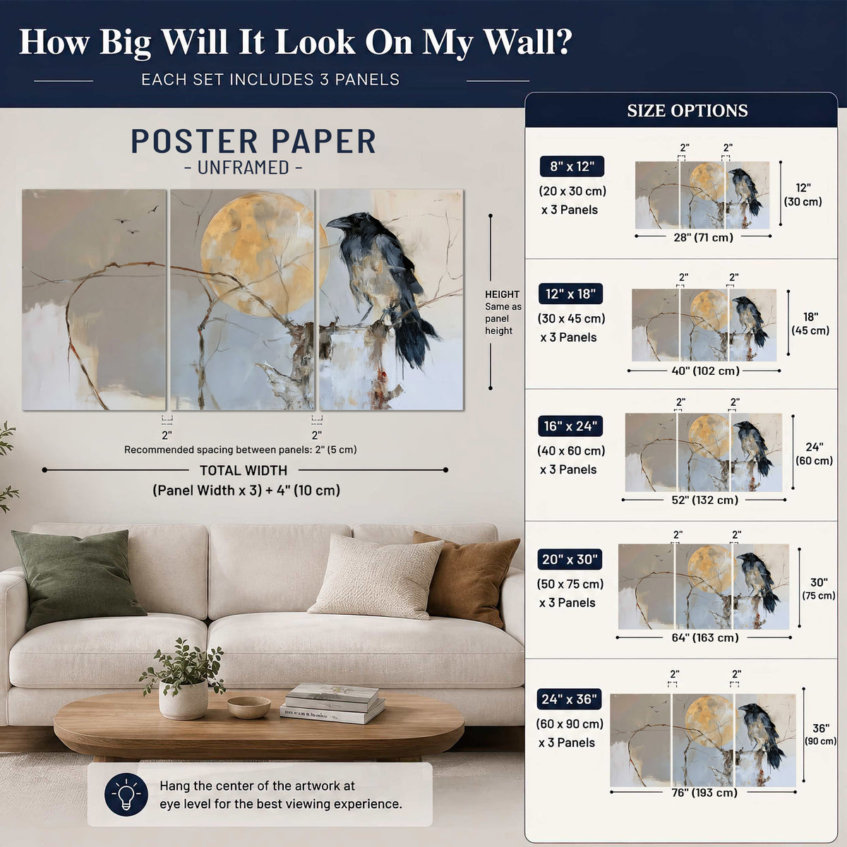 A dark raven beside a golden moon amid pale blue and cream painterly strokes set of 3 poster prints size guide above a sofa; room view is illustrative