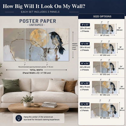 A dark raven beside a golden moon amid pale blue and cream painterly strokes set of 3 poster prints size guide above a sofa; room view is illustrative