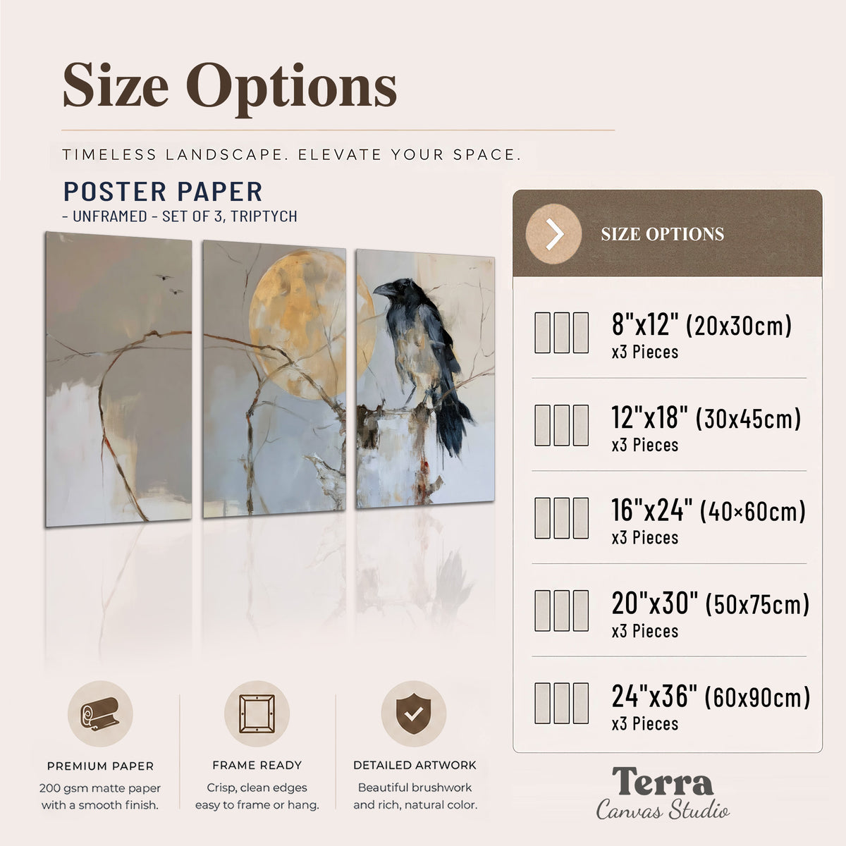 A dark raven beside a golden moon amid pale blue and cream painterly strokes set of 3 poster prints available dimensions; triptych dimensions are per panel