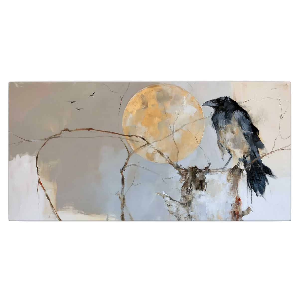 A dark raven beside a golden moon amid pale blue and cream painterly strokes single canvas wall art viewed straight on