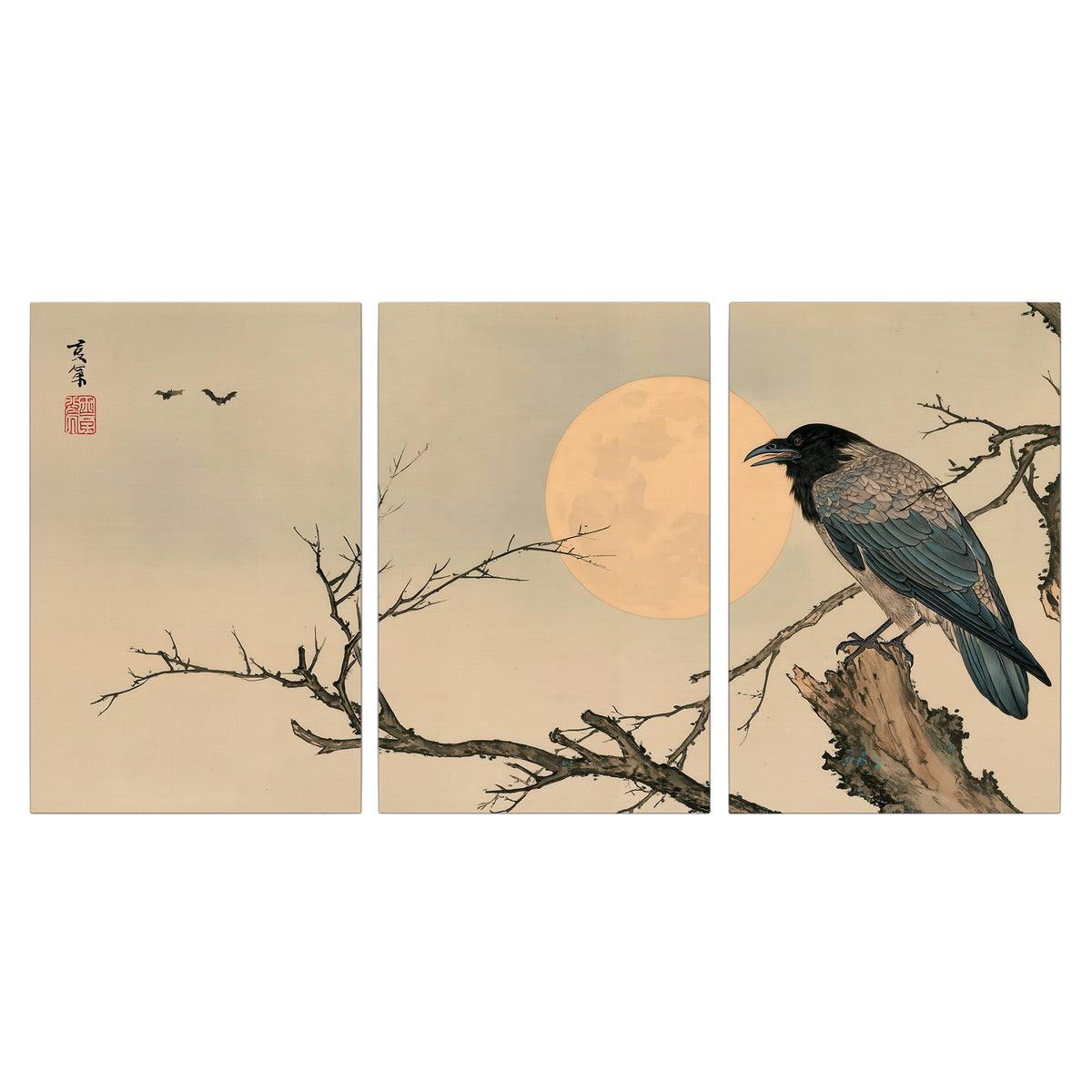 A dark raven perched on a bare branch beside a warm full moon 3 piece canvas wall art viewed straight on