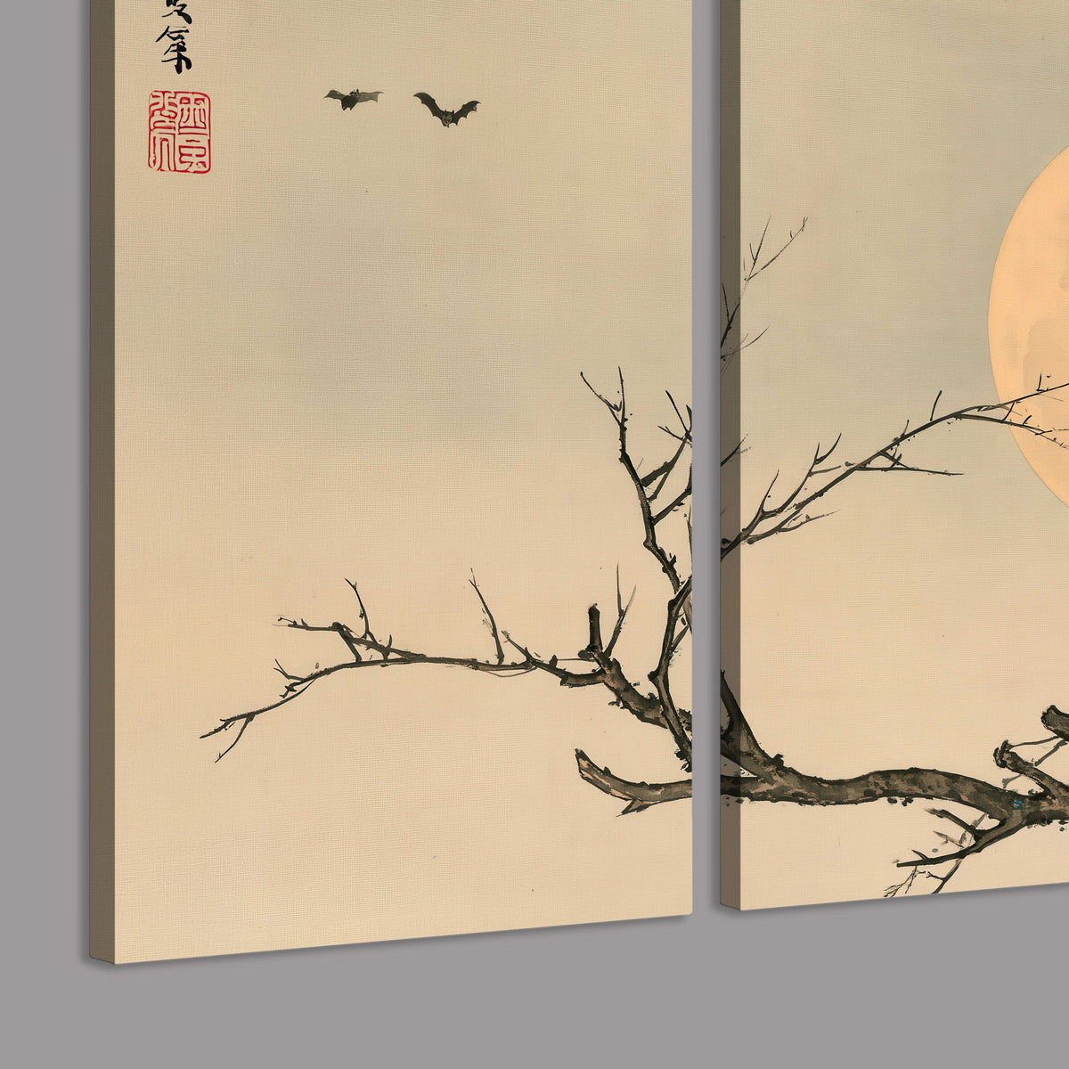 A dark raven perched on a bare branch beside a warm full moon 3 piece canvas wall art room and product view