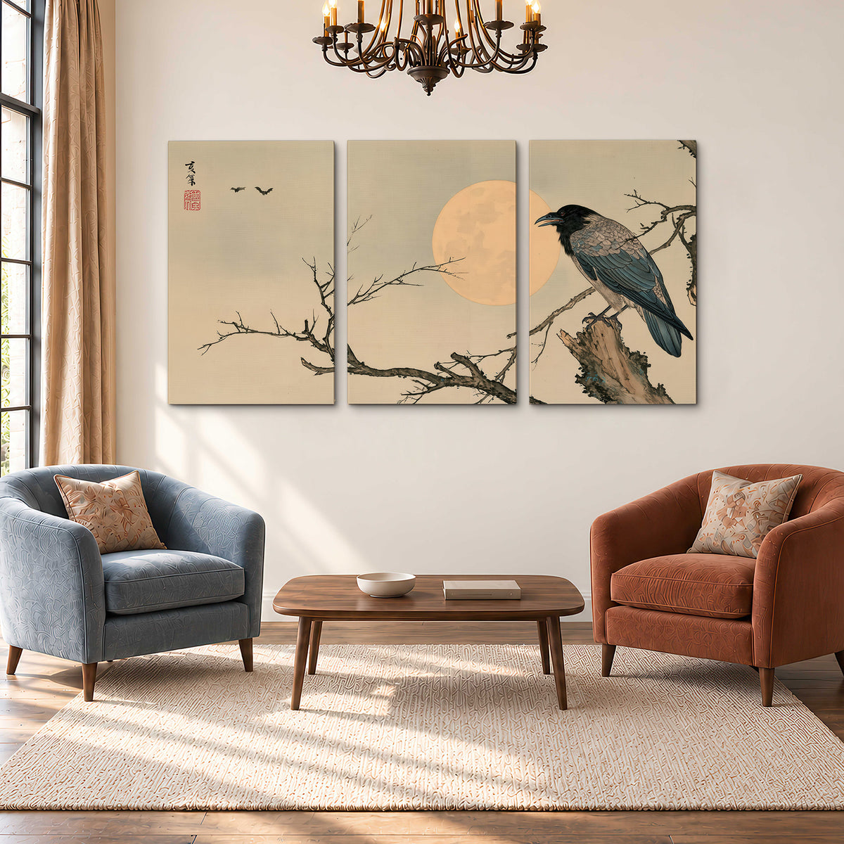 A dark raven perched on a bare branch beside a warm full moon 3 piece canvas wall art styled in an interior
