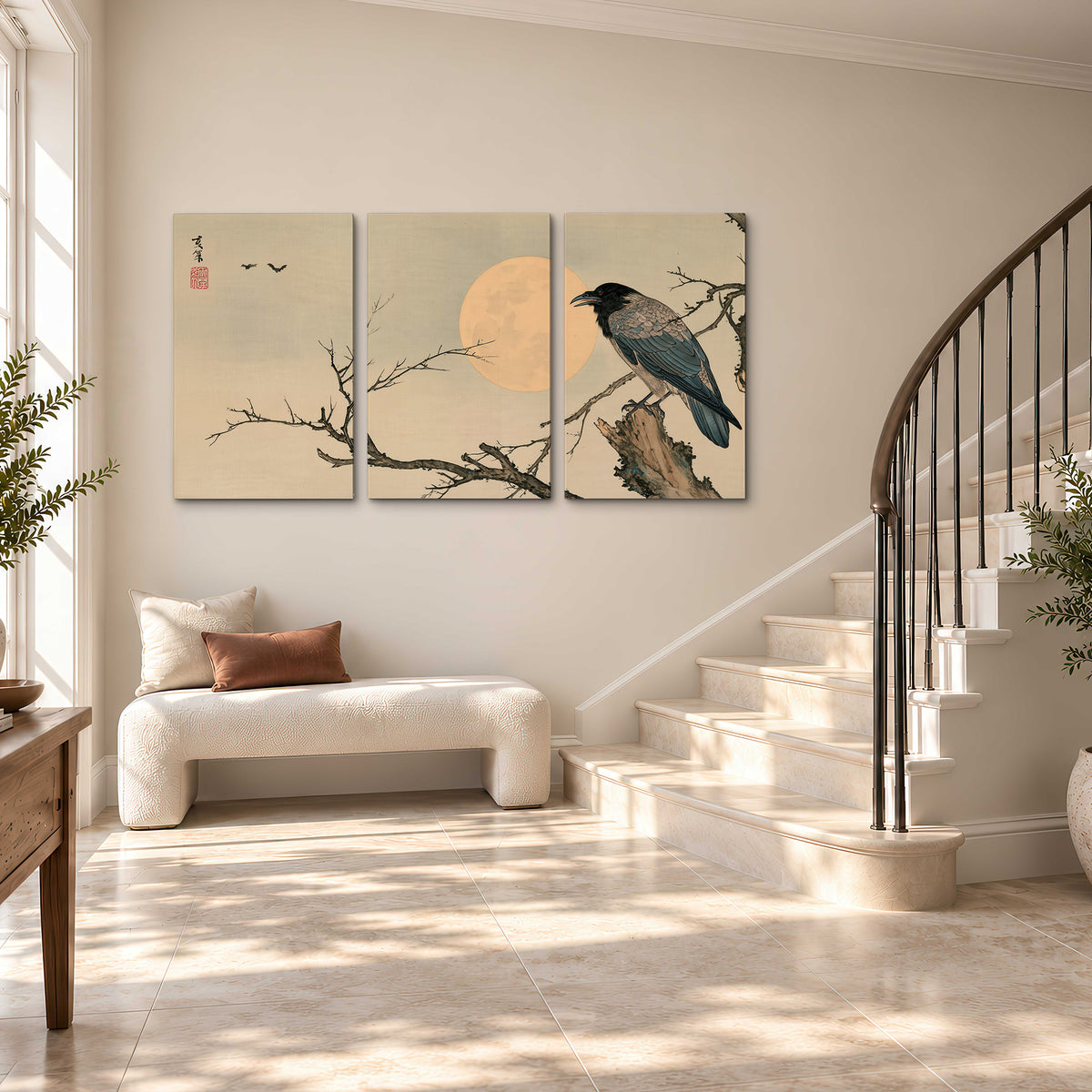 A dark raven perched on a bare branch beside a warm full moon 3 piece canvas wall art styled in an interior