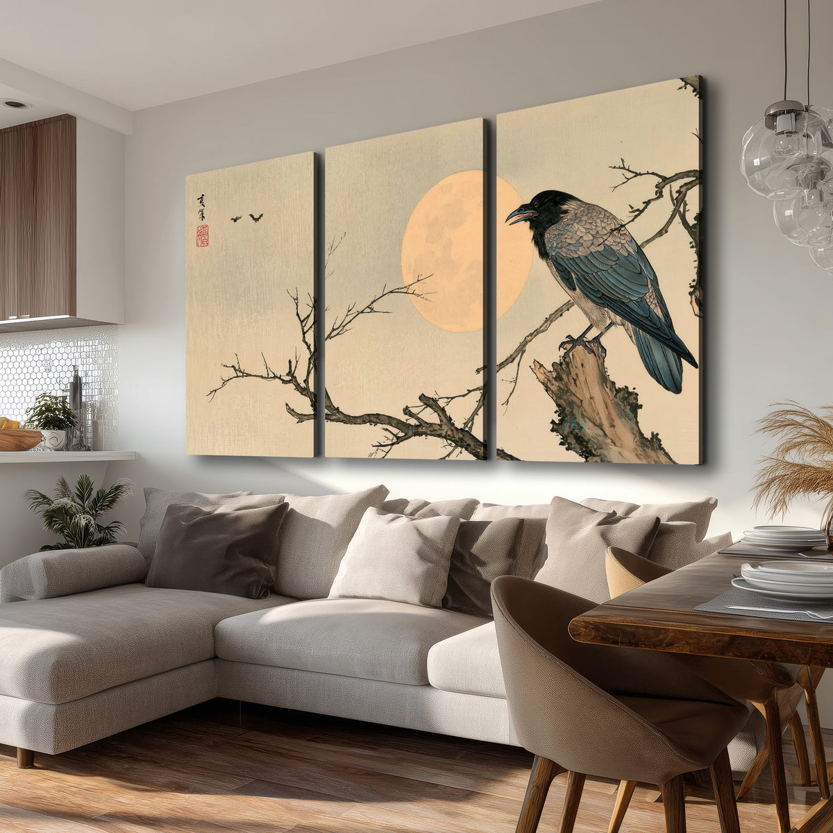 A dark raven perched on a bare branch beside a warm full moon 3 piece canvas wall art room and product view