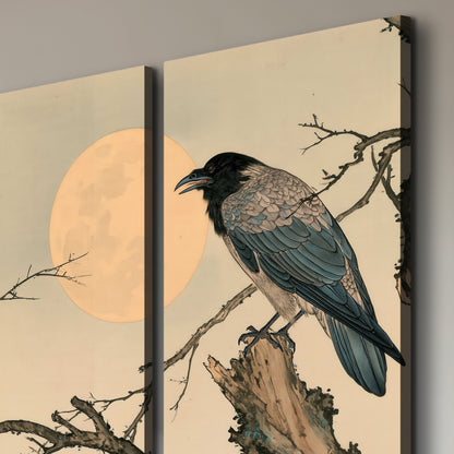 A dark raven perched on a bare branch beside a warm full moon 3 piece canvas wall art room and product view