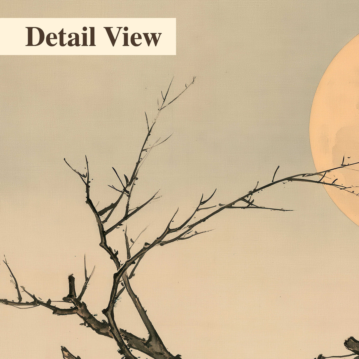 A dark raven perched on a bare branch beside a warm full moon 3 piece canvas wall art artwork detail close up
