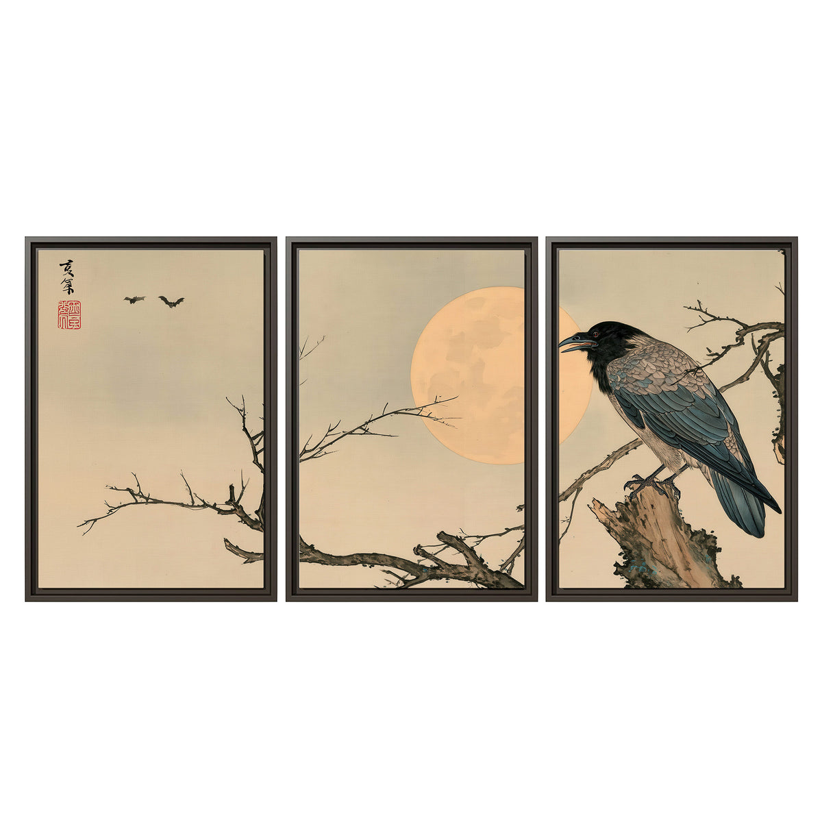 A dark raven perched on a bare branch beside a warm full moon 3 piece framed canvas wall art viewed straight on