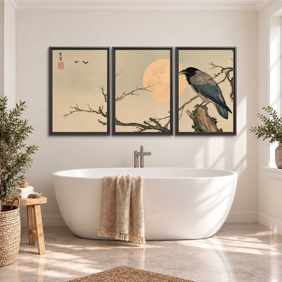 A dark raven perched on a bare branch beside a warm full moon 3 piece framed canvas wall art styled in an interior