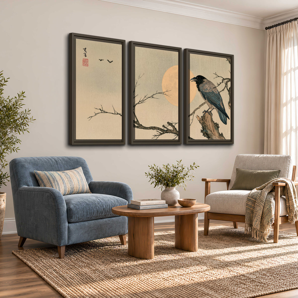A dark raven perched on a bare branch beside a warm full moon 3 piece framed canvas wall art styled in an interior
