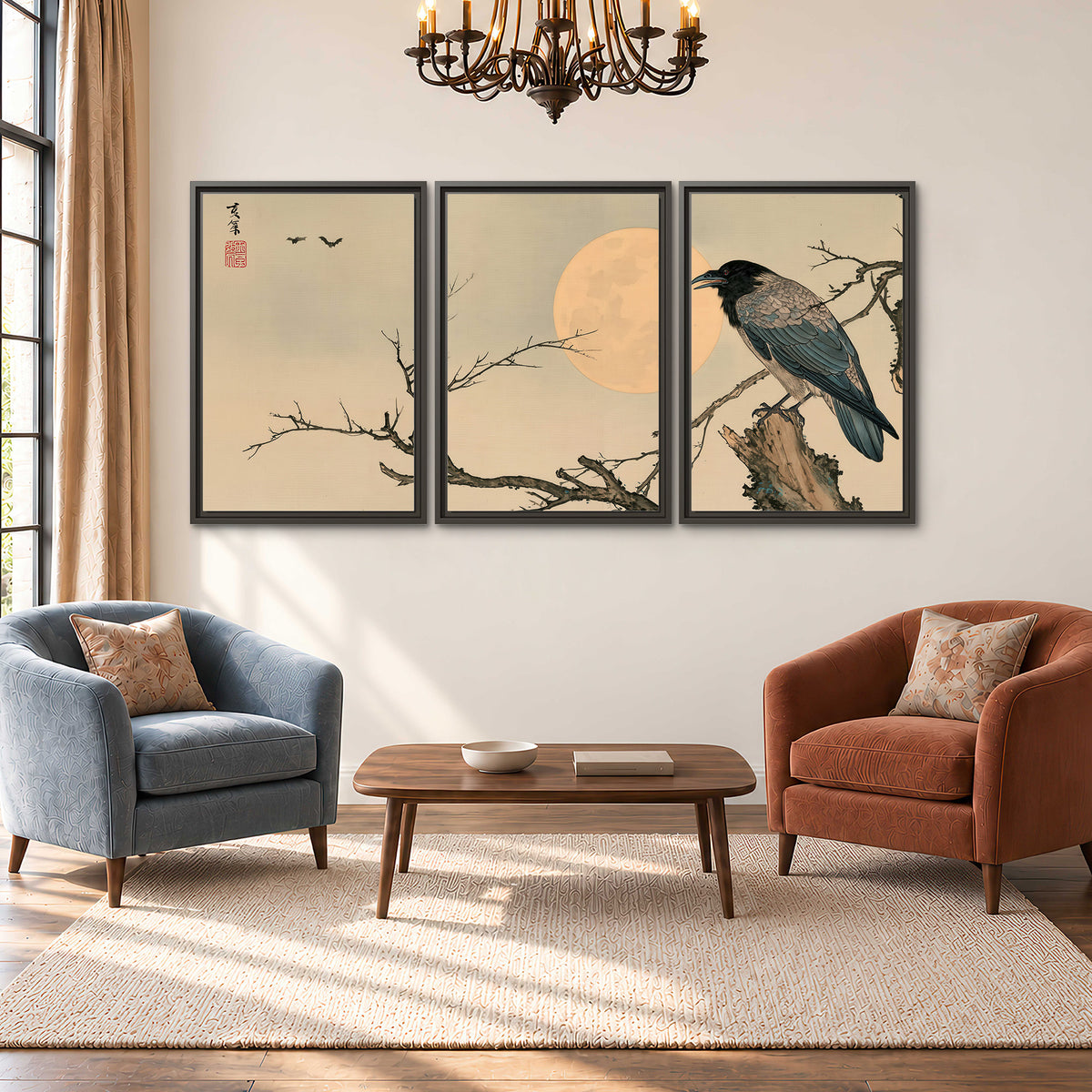 A dark raven perched on a bare branch beside a warm full moon 3 piece framed canvas wall art styled in an interior