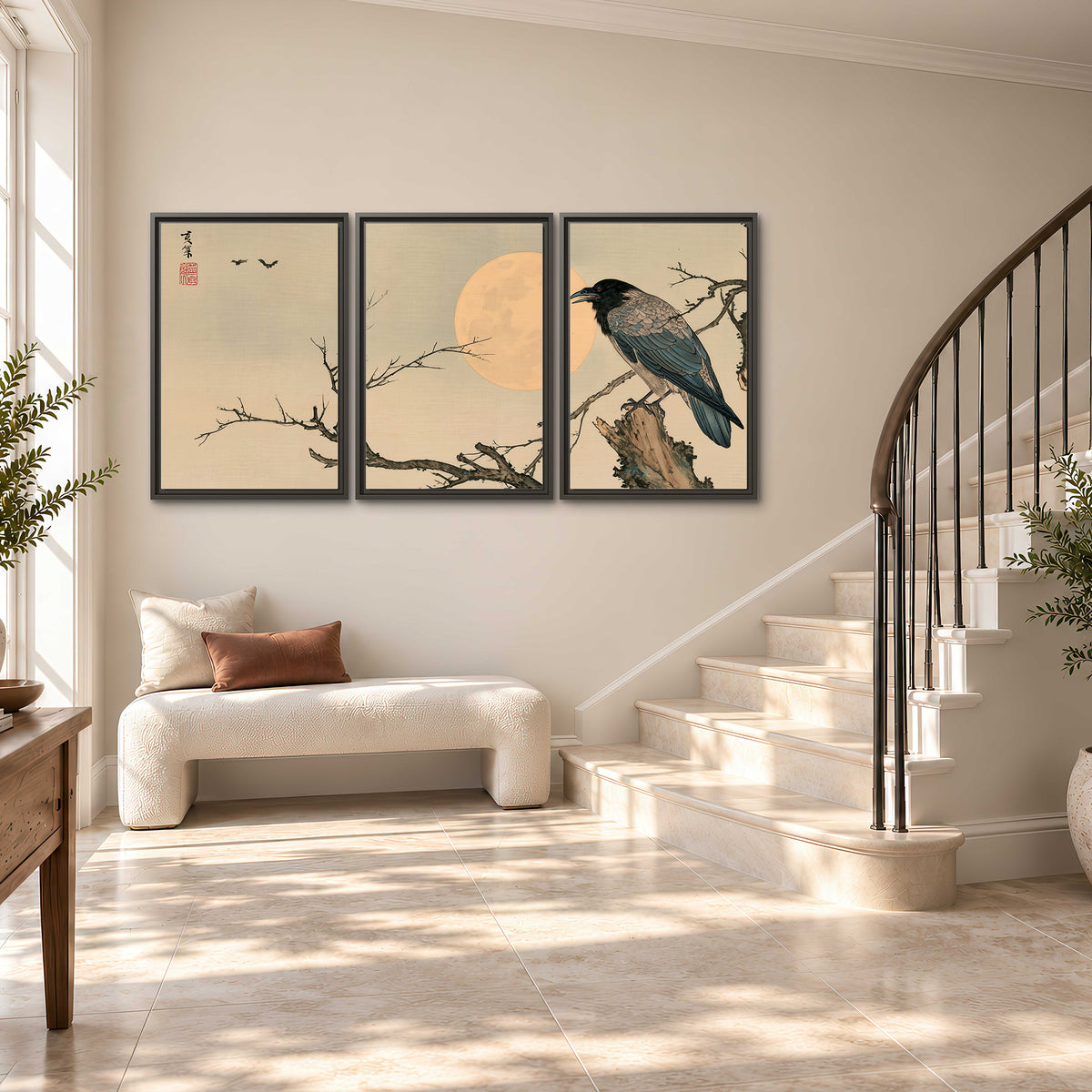 A dark raven perched on a bare branch beside a warm full moon 3 piece framed canvas wall art styled in an interior