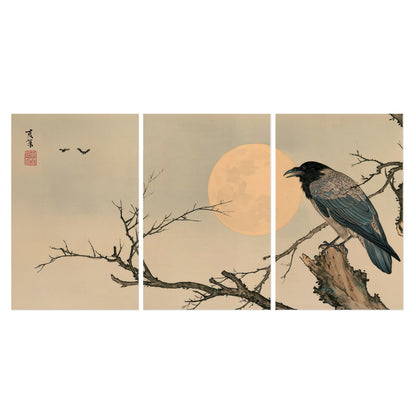 A dark raven perched on a bare branch beside a warm full moon set of 3 poster prints viewed straight on