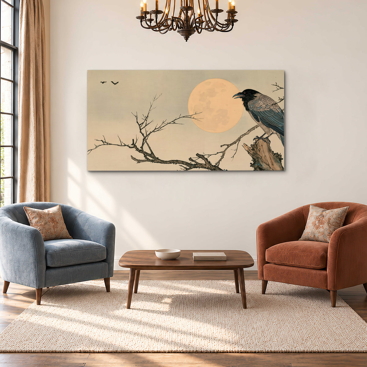 A dark raven perched on a bare branch beside a warm full moon single canvas wall art styled in an interior