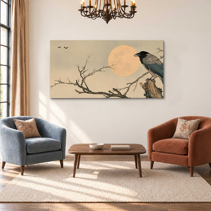 A dark raven perched on a bare branch beside a warm full moon single canvas wall art styled in an interior