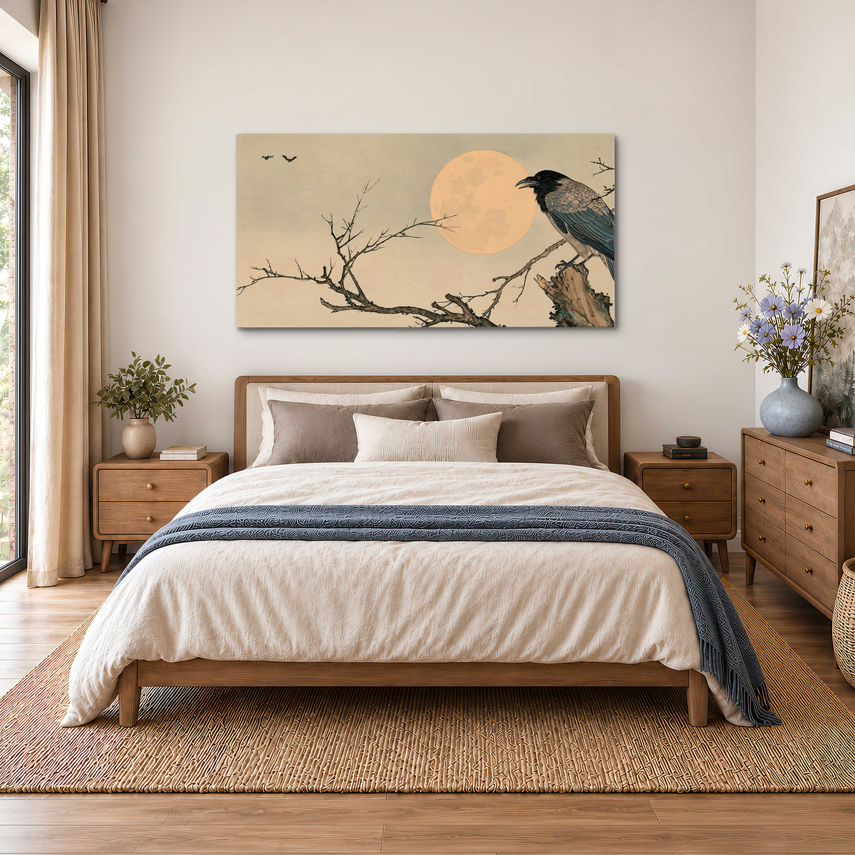 A dark raven perched on a bare branch beside a warm full moon single canvas wall art styled in an interior