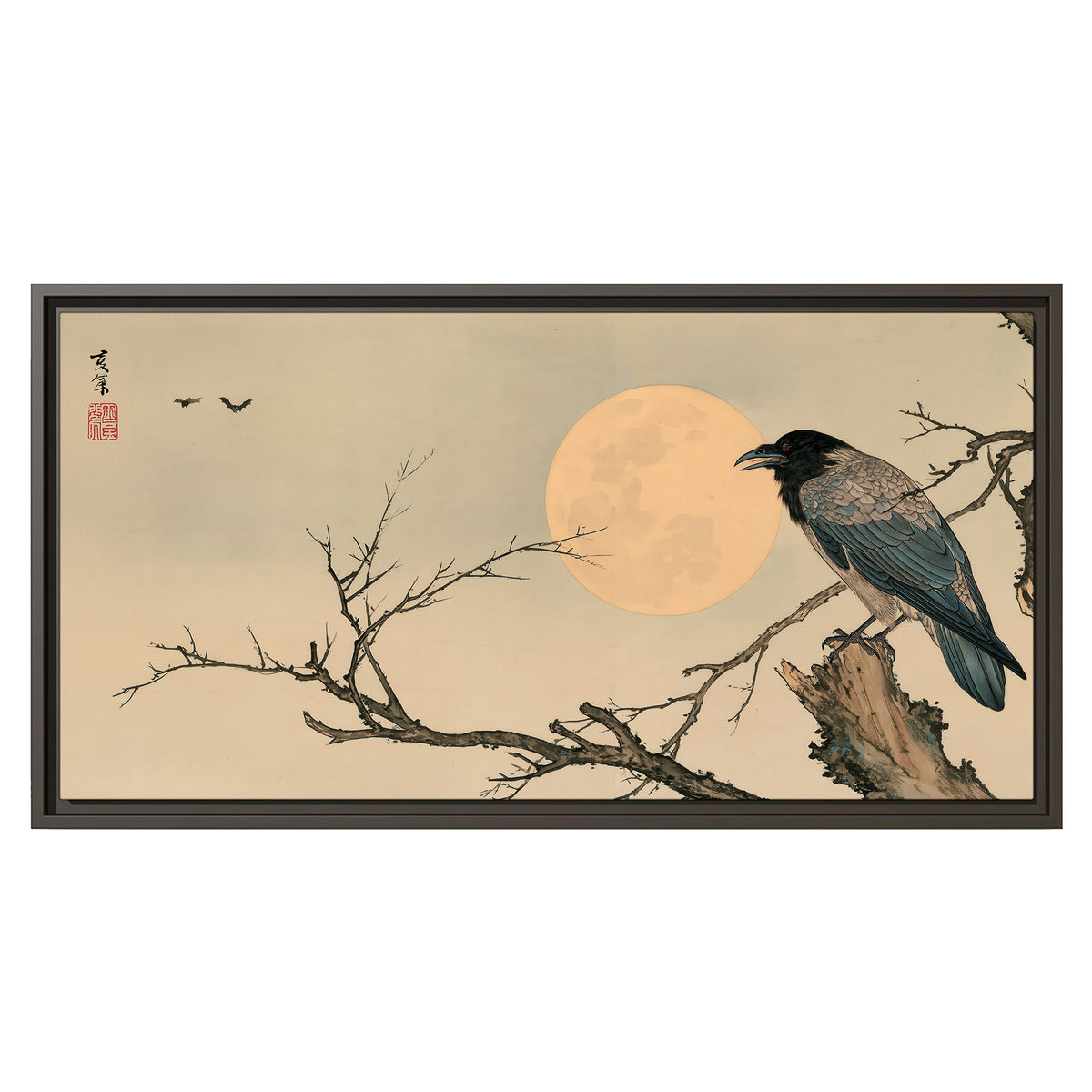 A dark raven perched on a bare branch beside a warm full moon single framed canvas wall art viewed straight on