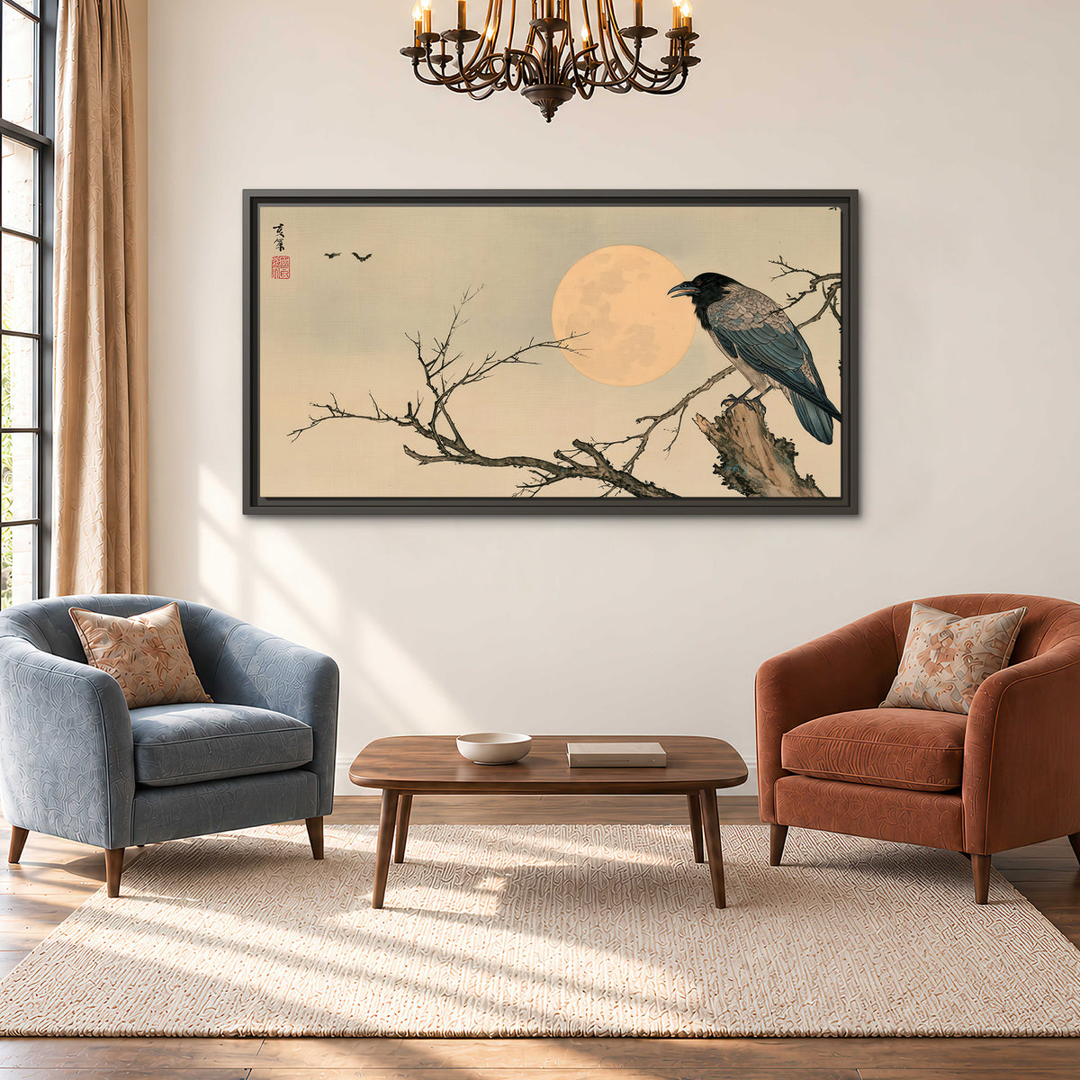 A dark raven perched on a bare branch beside a warm full moon single framed canvas wall art styled in an interior