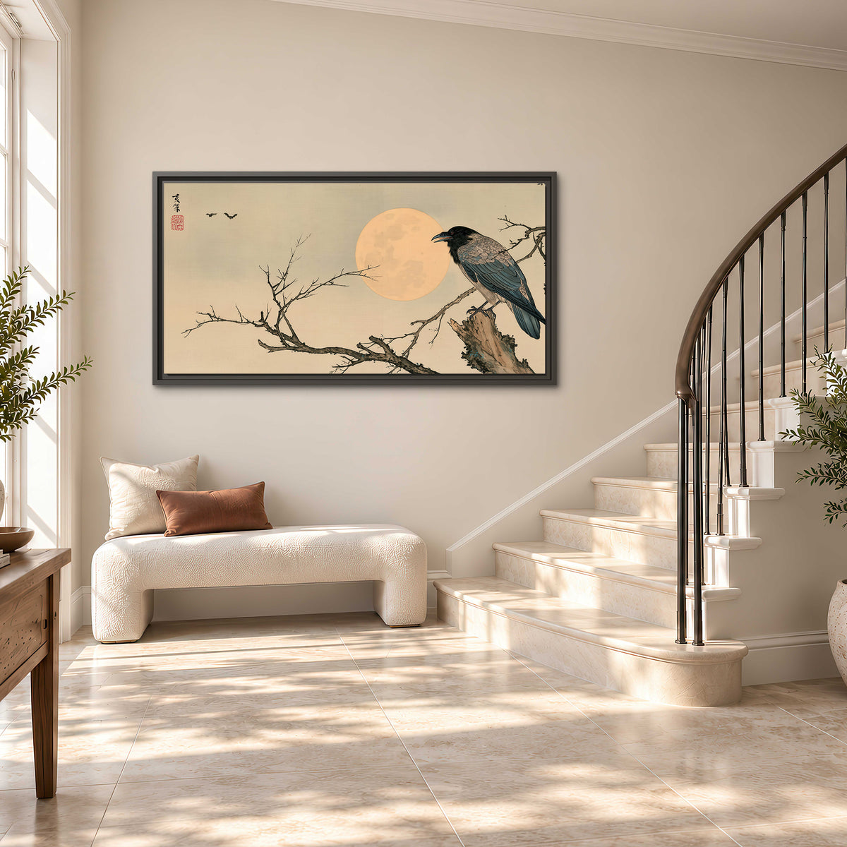 A dark raven perched on a bare branch beside a warm full moon single framed canvas wall art styled in an interior