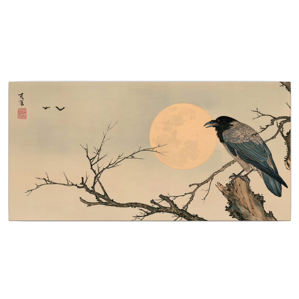 A dark raven perched on a bare branch beside a warm full moon single canvas wall art viewed straight on