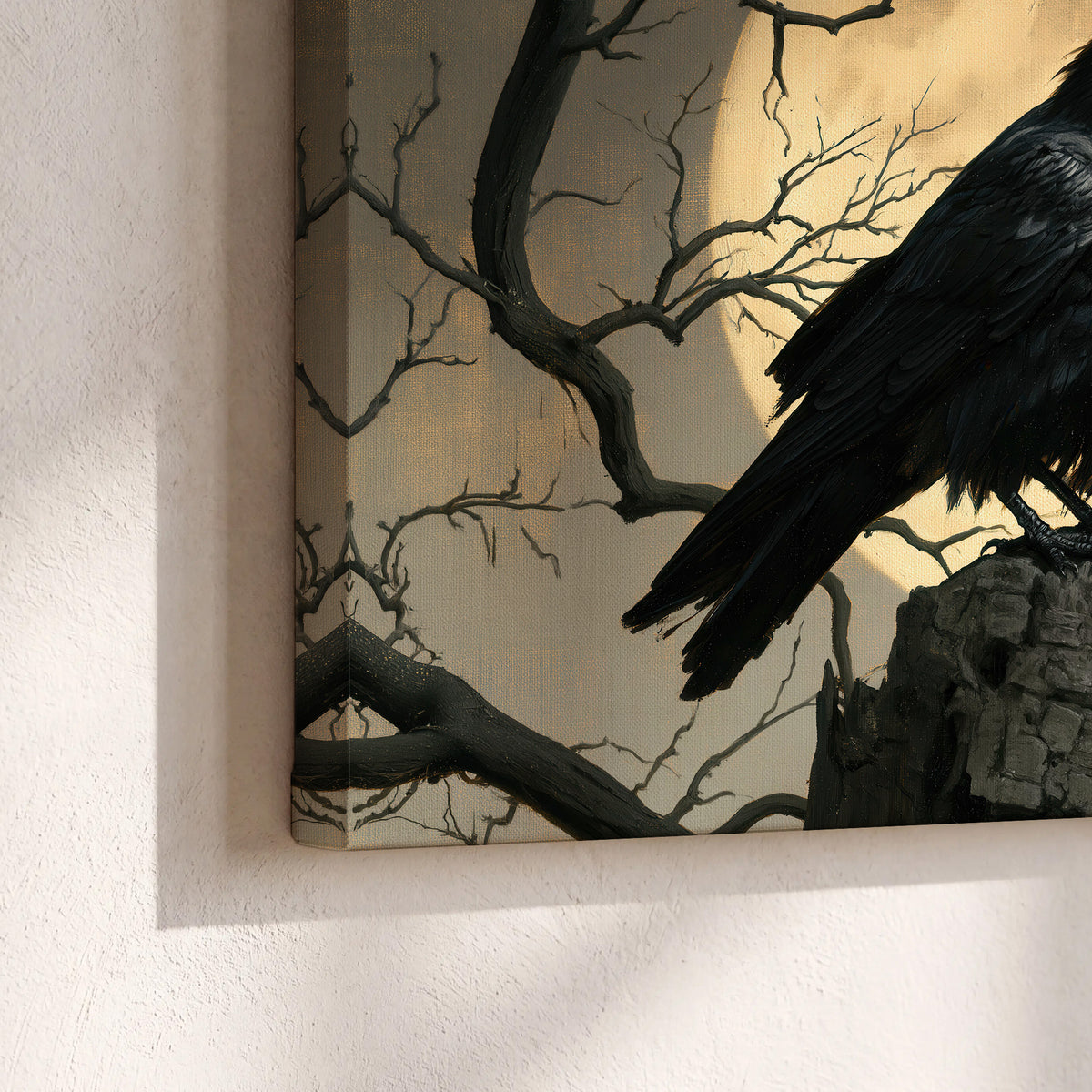 A black raven standing among bare branches in front of a large golden moon 3 piece canvas wall art material and edge close up