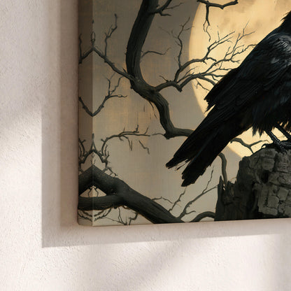 A black raven standing among bare branches in front of a large golden moon 3 piece canvas wall art material and edge close up
