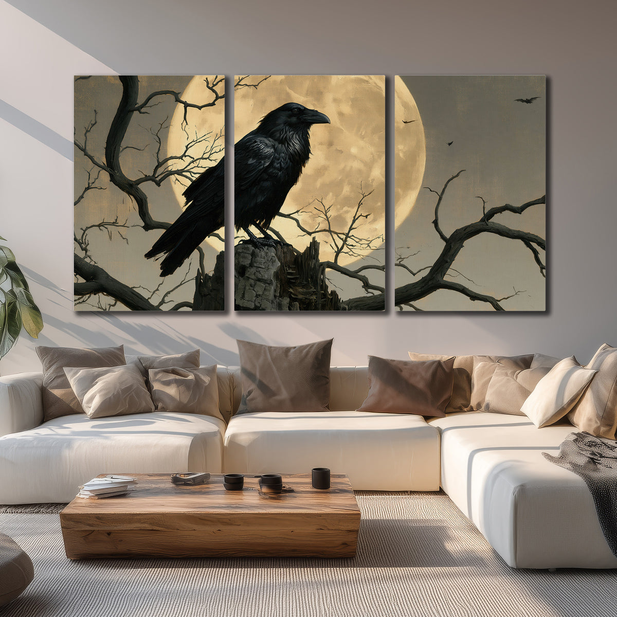A black raven standing among bare branches in front of a large golden moon 3 piece canvas wall art displayed in a living room