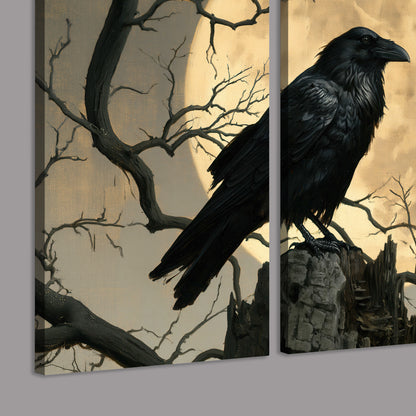 A black raven standing among bare branches in front of a large golden moon 3 piece canvas wall art room and product view