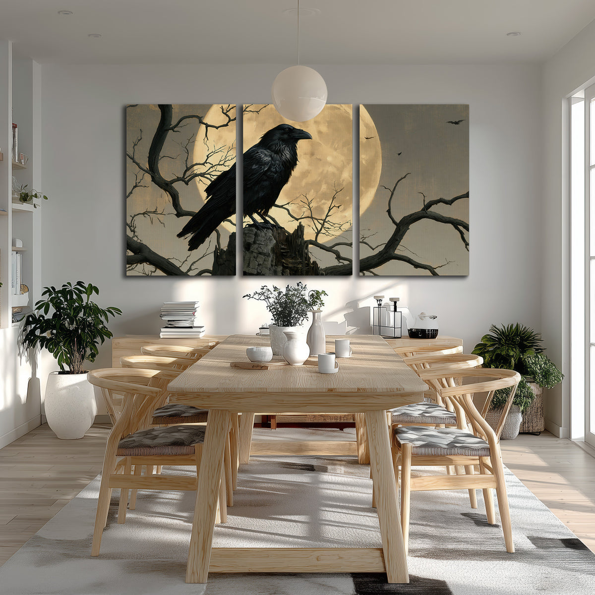 A black raven standing among bare branches in front of a large golden moon 3 piece canvas wall art room and product view