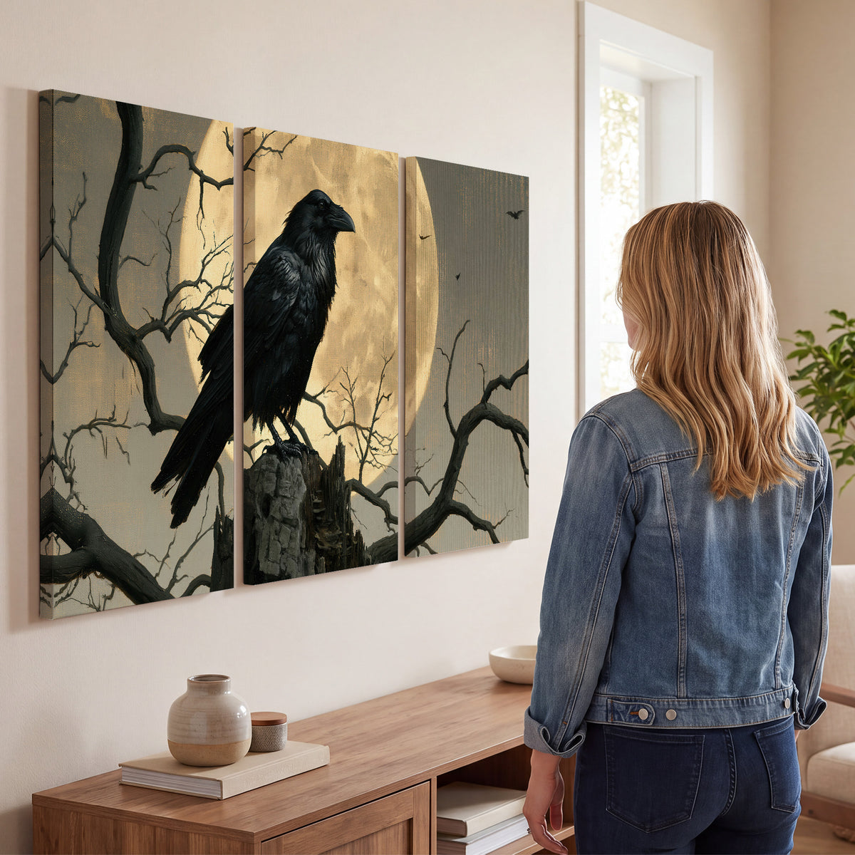 A black raven standing among bare branches in front of a large golden moon 3 piece canvas wall art three panel arrangement on a wall