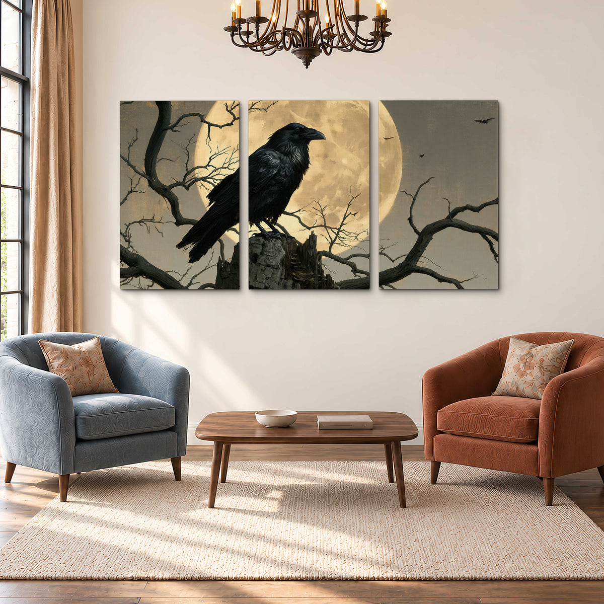 A black raven standing among bare branches in front of a large golden moon 3 piece canvas wall art styled in an interior