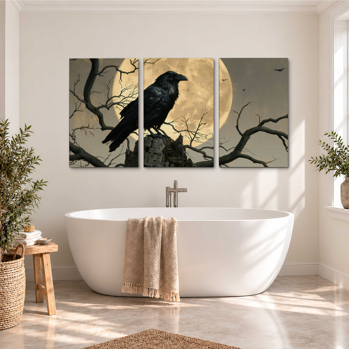 A black raven standing among bare branches in front of a large golden moon 3 piece canvas wall art styled in an interior