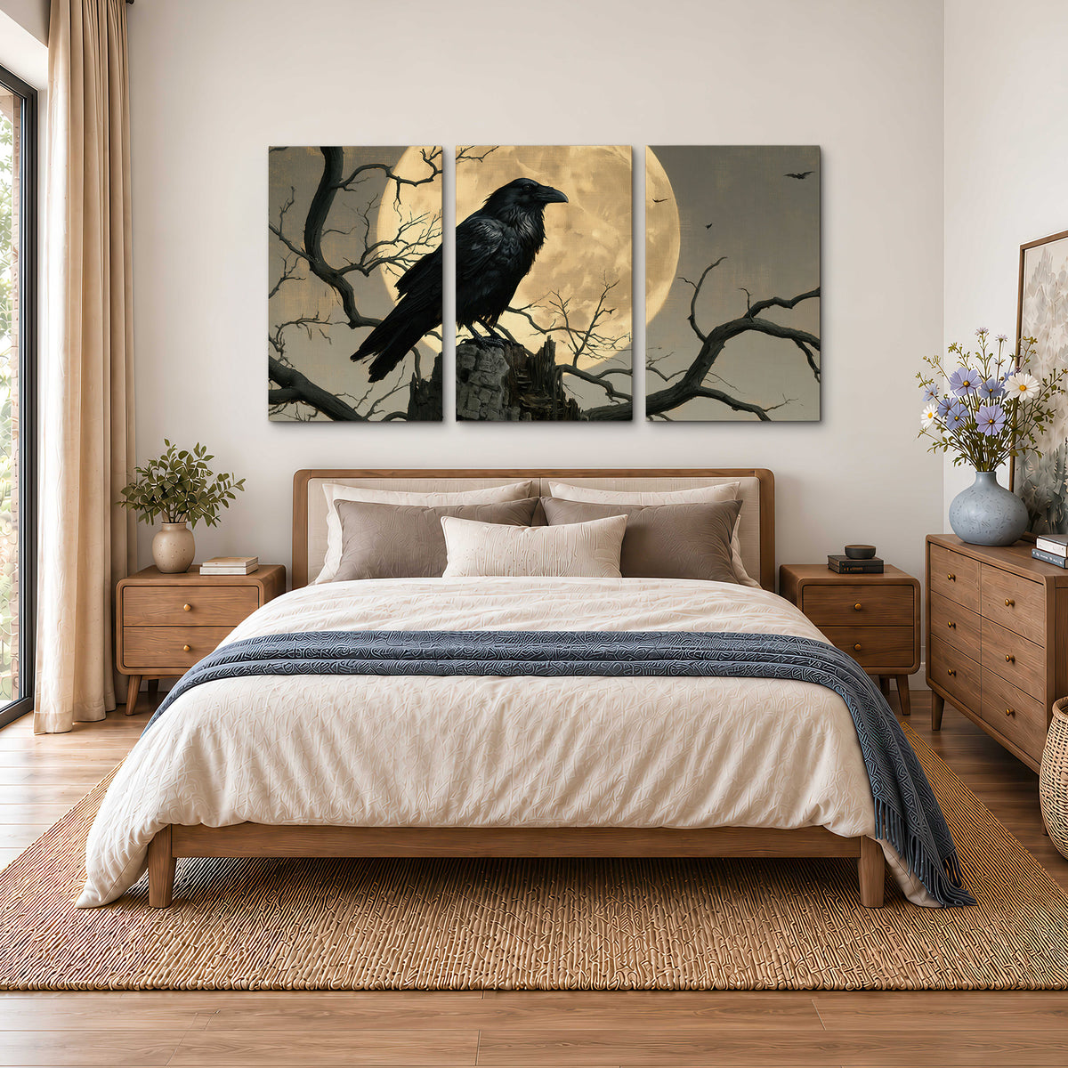 A black raven standing among bare branches in front of a large golden moon 3 piece canvas wall art styled in an interior