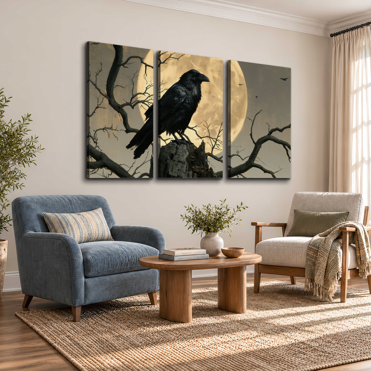 A black raven standing among bare branches in front of a large golden moon 3 piece canvas wall art styled in an interior