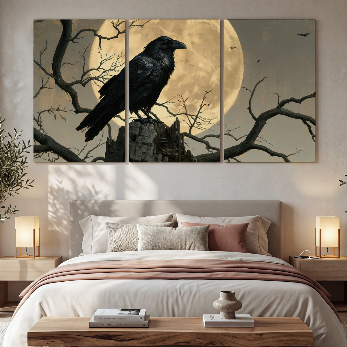 A black raven standing among bare branches in front of a large golden moon 3 piece canvas wall art displayed in a bedroom