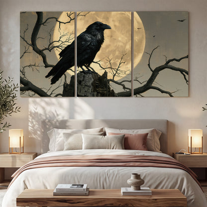 A black raven standing among bare branches in front of a large golden moon 3 piece canvas wall art displayed in a bedroom
