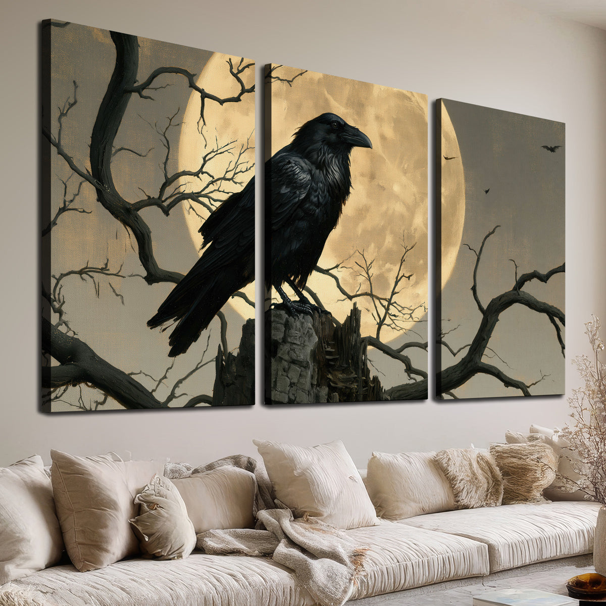 A black raven standing among bare branches in front of a large golden moon 3 piece canvas wall art room and product view