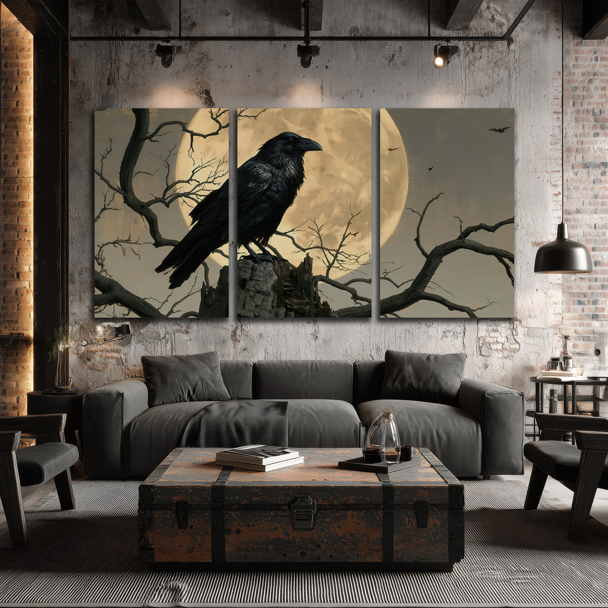 A black raven standing among bare branches in front of a large golden moon 3 piece canvas wall art displayed in a industrial room