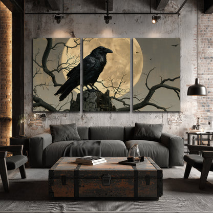 A black raven standing among bare branches in front of a large golden moon 3 piece canvas wall art displayed in a industrial room