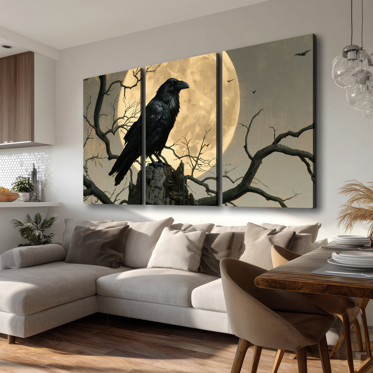 A black raven standing among bare branches in front of a large golden moon 3 piece canvas wall art room and product view