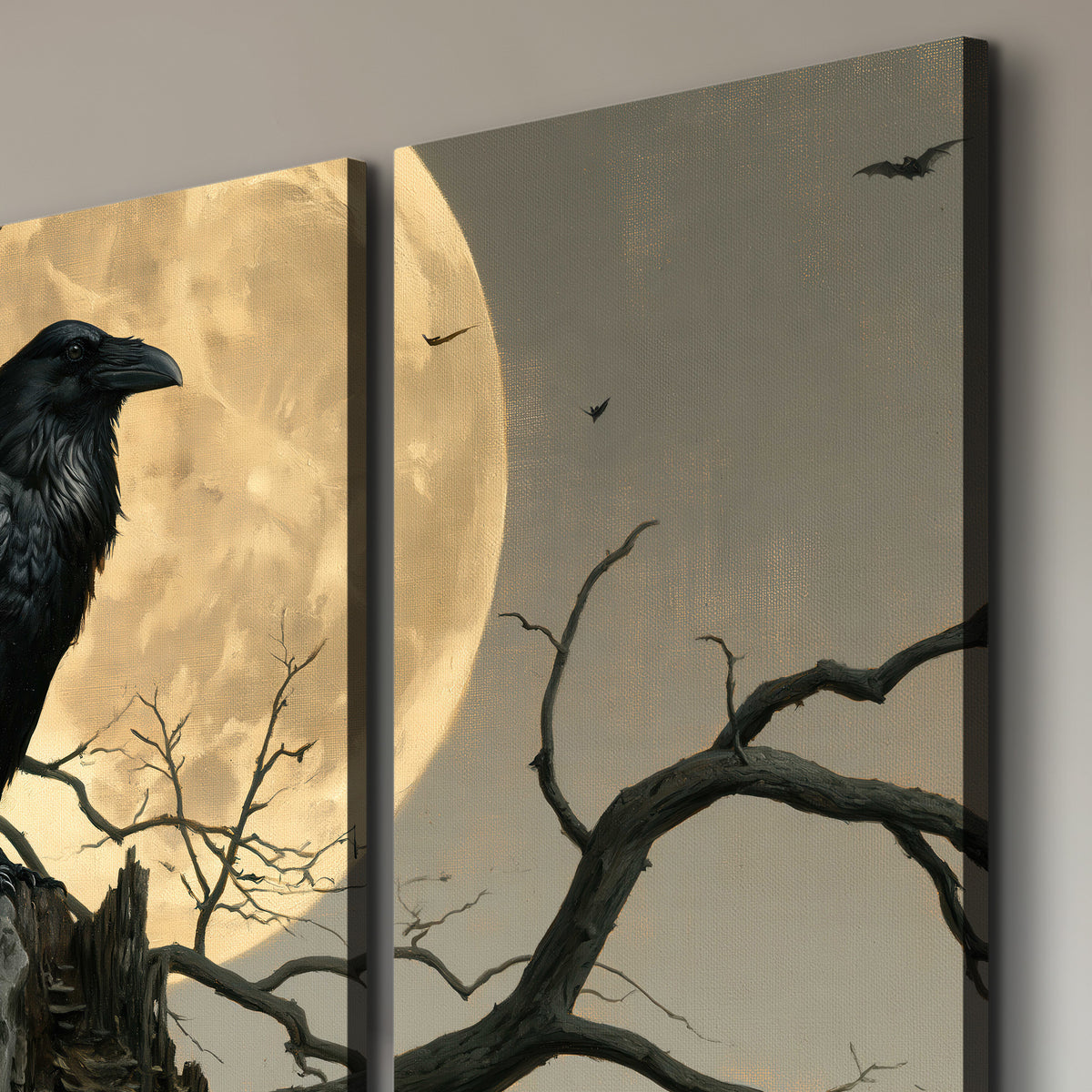 A black raven standing among bare branches in front of a large golden moon 3 piece canvas wall art room and product view