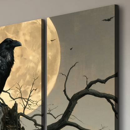 A black raven standing among bare branches in front of a large golden moon 3 piece canvas wall art room and product view