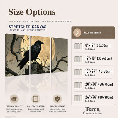 A black raven standing among bare branches in front of a large golden moon 3 piece canvas wall art available dimensions; triptych dimensions are per panel