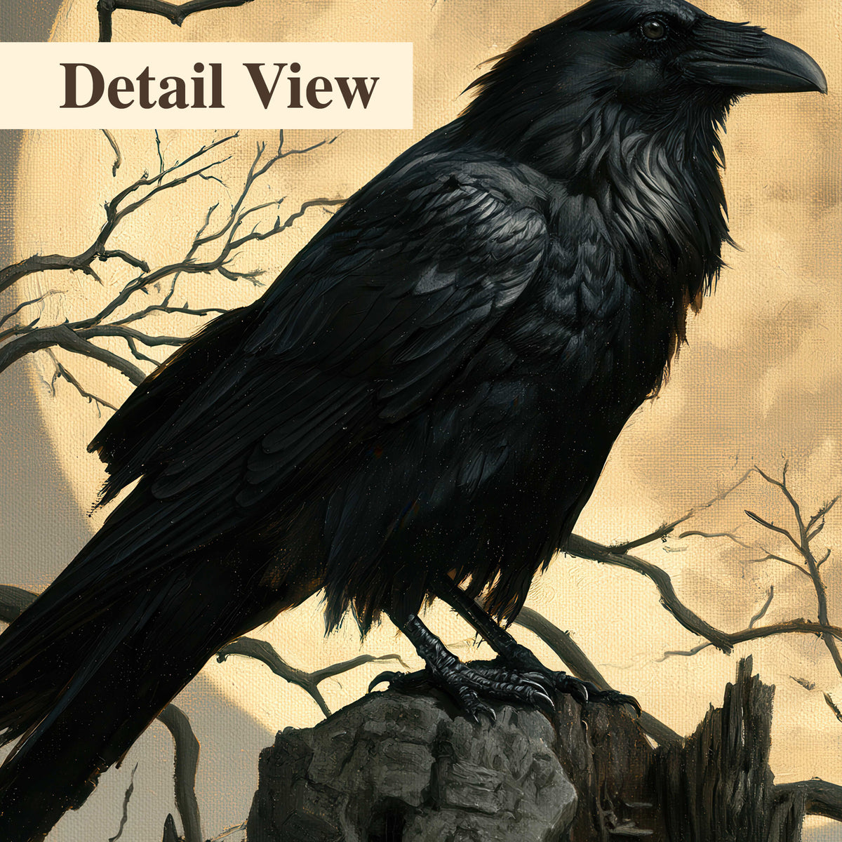 A black raven standing among bare branches in front of a large golden moon 3 piece canvas wall art artwork detail close up